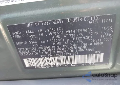 2012 Subaru Outback 2.5I Premium z USA, uszkodzony, nr VIN 4S4BRBGC9C3231097